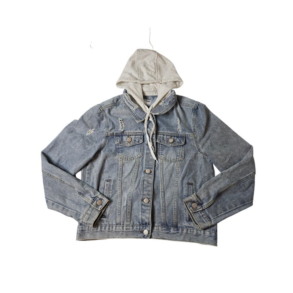 CI SONO BLUE DENIM JACKET GRAY HOODIE BUTTON DOWN 4 POCKETS size L